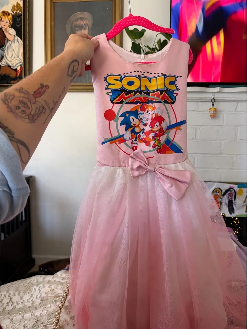 Girls Sonic Mania Pink Dress with Tulle Skirt and Bow Accent